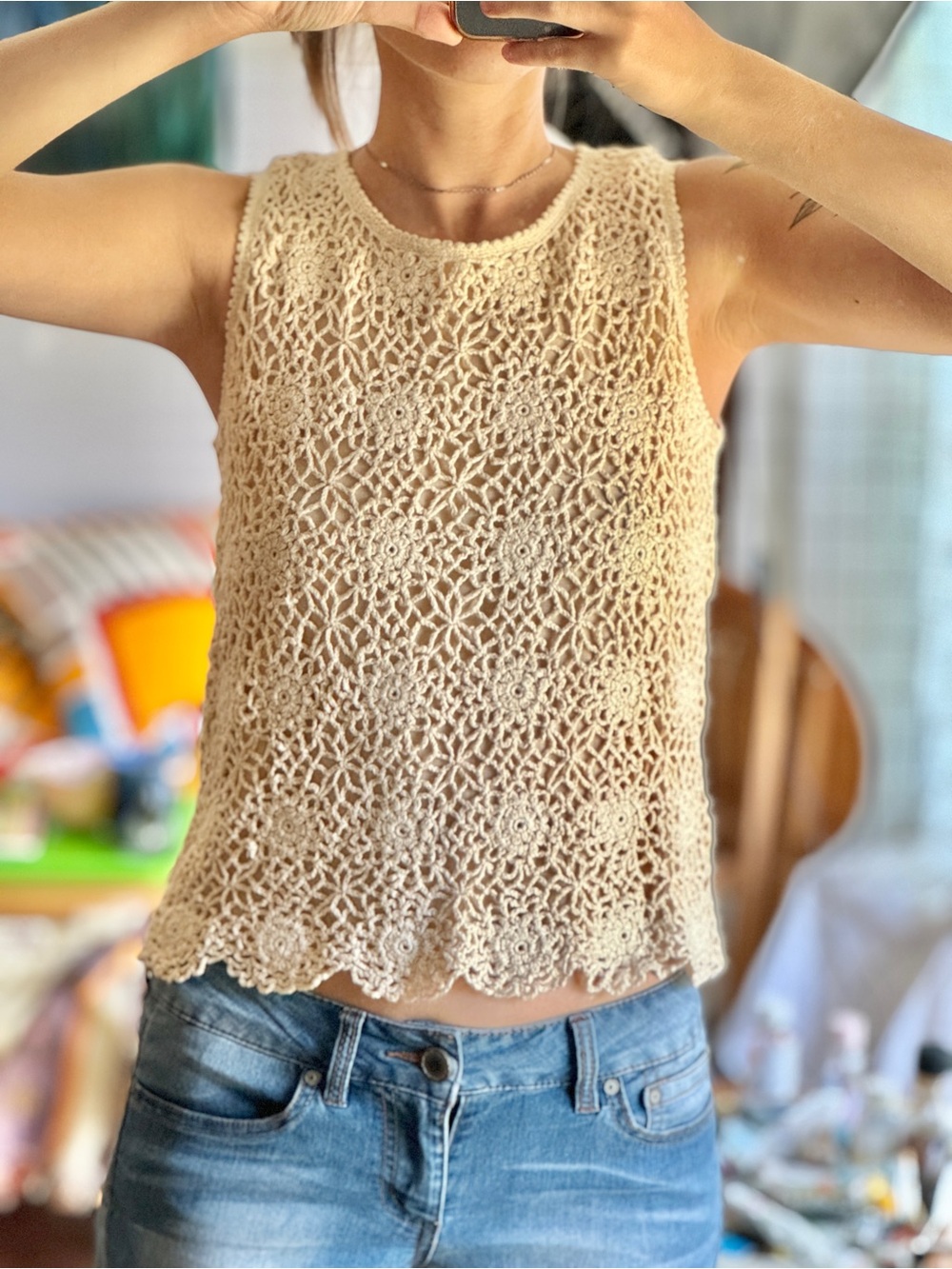Josephine Chaus Cream Crochet Floral Tank Top